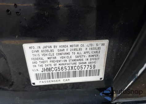 1999 Honda Accord Ex z USA, uszkodzony, nr VIN JHMCG5653XC057759